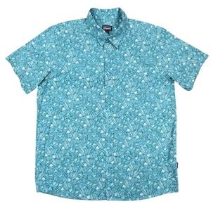 Patagonia Button Down Shirt Mens L Teal Blue Floral Wave Organic Cotton Blend
